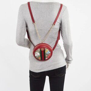Gucci Red Leather GG Flora Coated Canvas Ophidia Round Mini Backpack Bag